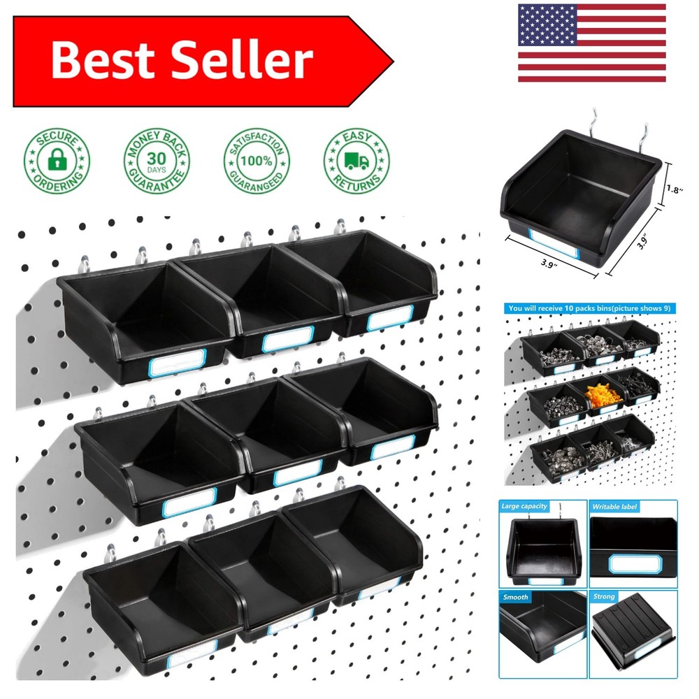 Space-Saving 10-Pack Black Pegboard Bins with Hooks & Labels - Organize Tools