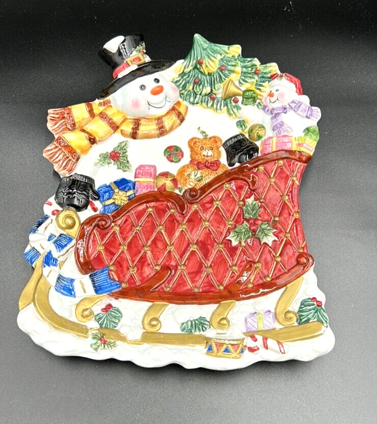 Ceramic Snowman With Sleigh Holiday Plate