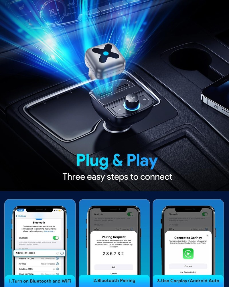 FAHREN 2in1 Mini Wireless Apple CarPlay Android Auto AI Box Plug&Play BT Adapter