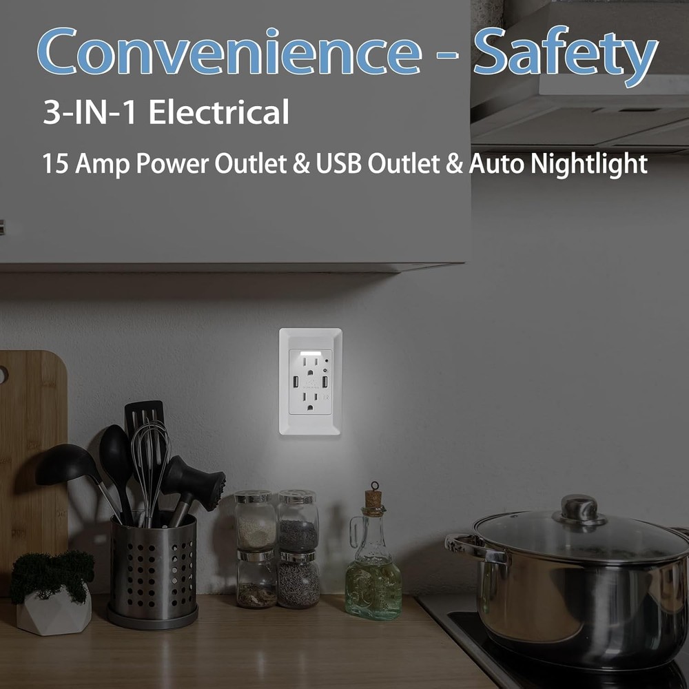 15 x USB Outlet with Night Light,with Power-Saving Auto Nightlight Sensor & Wall