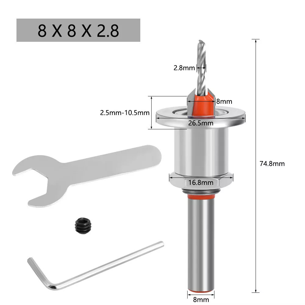 8mm Round Shank Adjustable Woodworking Cutter Countersink Drill Bit Set