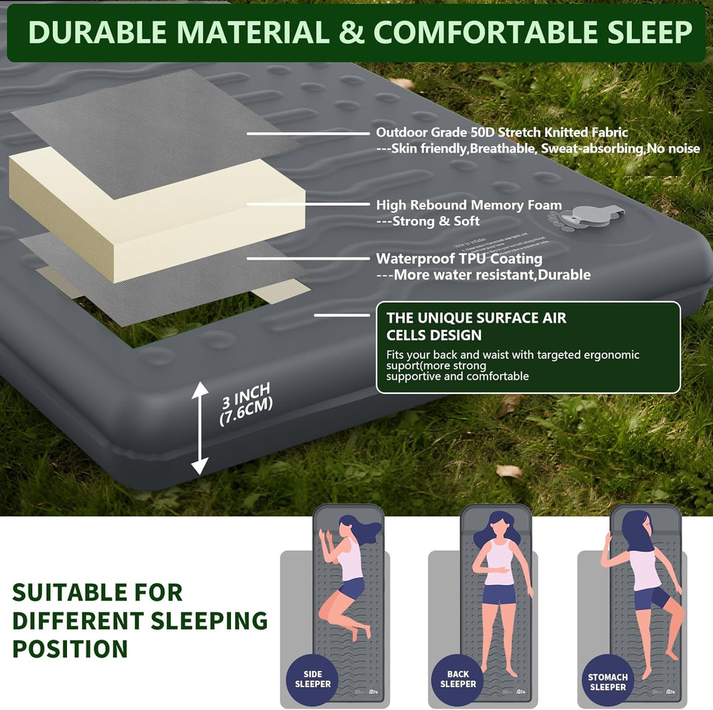 Memory Sleeping Pad, Compact 3" Thick Foam Sleeping Mats with Pillow, 9.5 R-Valu