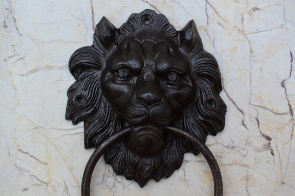 Vintage Cast Iron Lion Head Face Door Knocker Handle Knob Pull Drop Ring