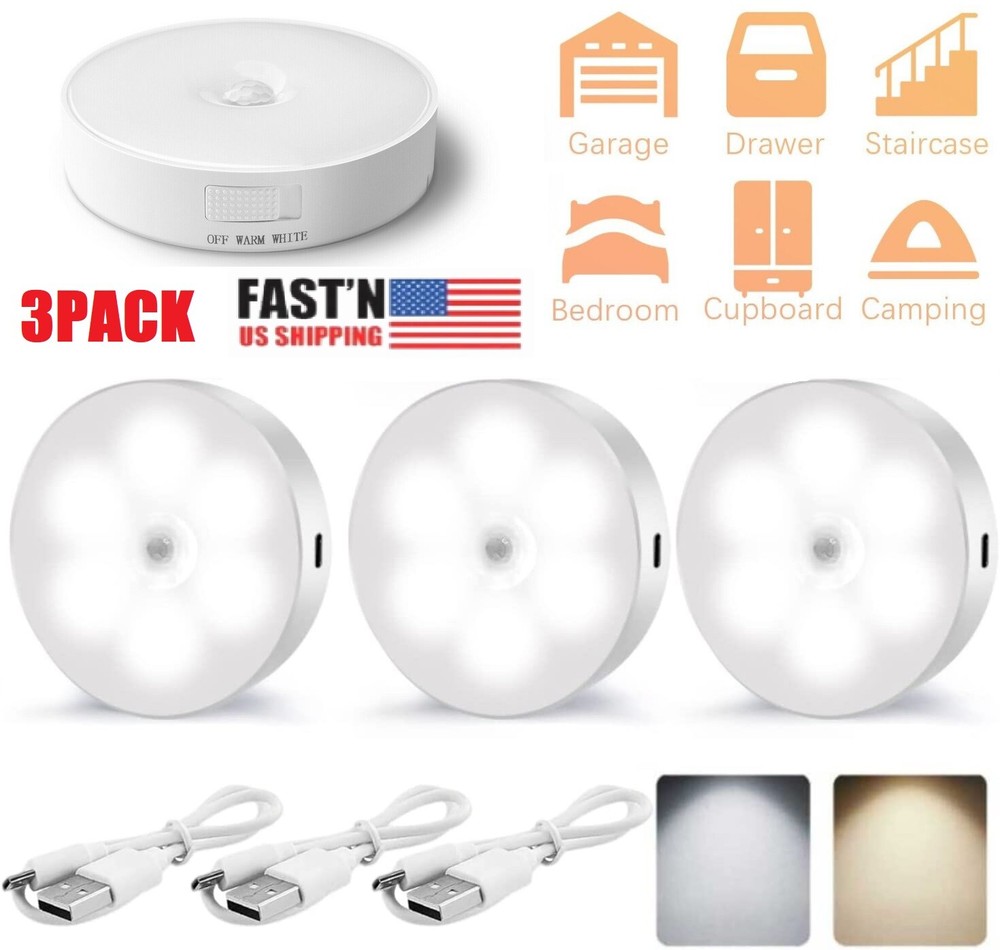 3PCS LED Motion Sensor Under Cabinet Closet Light USB Rechargeable Kitchen Lamp