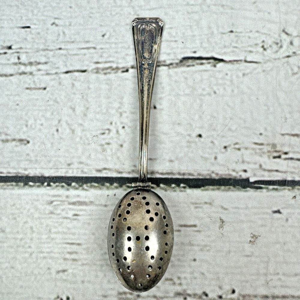 E & JB TEA INFUSER SPOON Strainer Silverplated Hinged Double Spoon Vintage