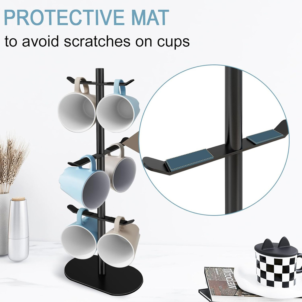 Cup Holder Tree with 6 Hooks, Metal Coffee Mug Rack Stand (Black)