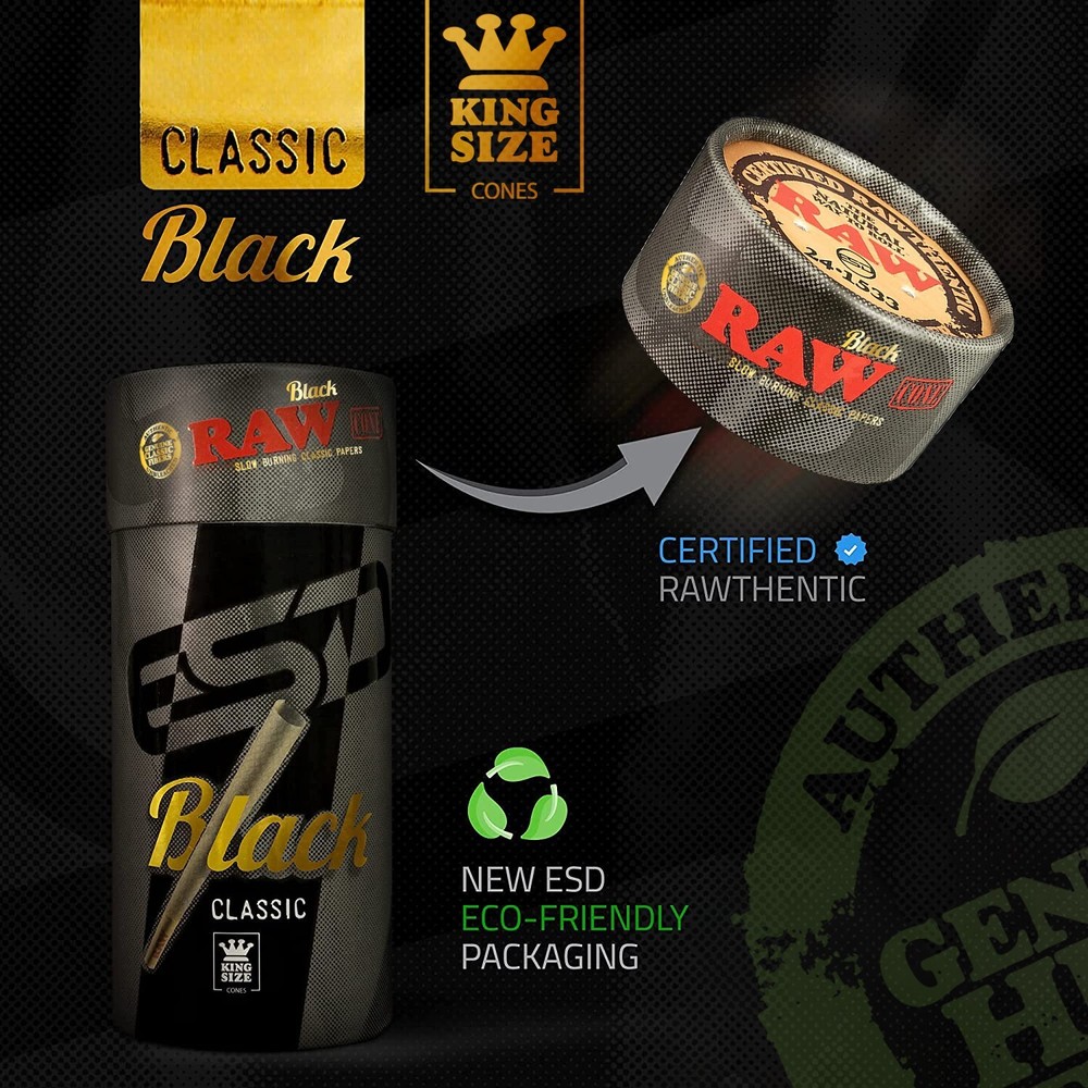RAW Cones Black King Size | 50 Pack | Natural Pre Rolled Rolling Paper