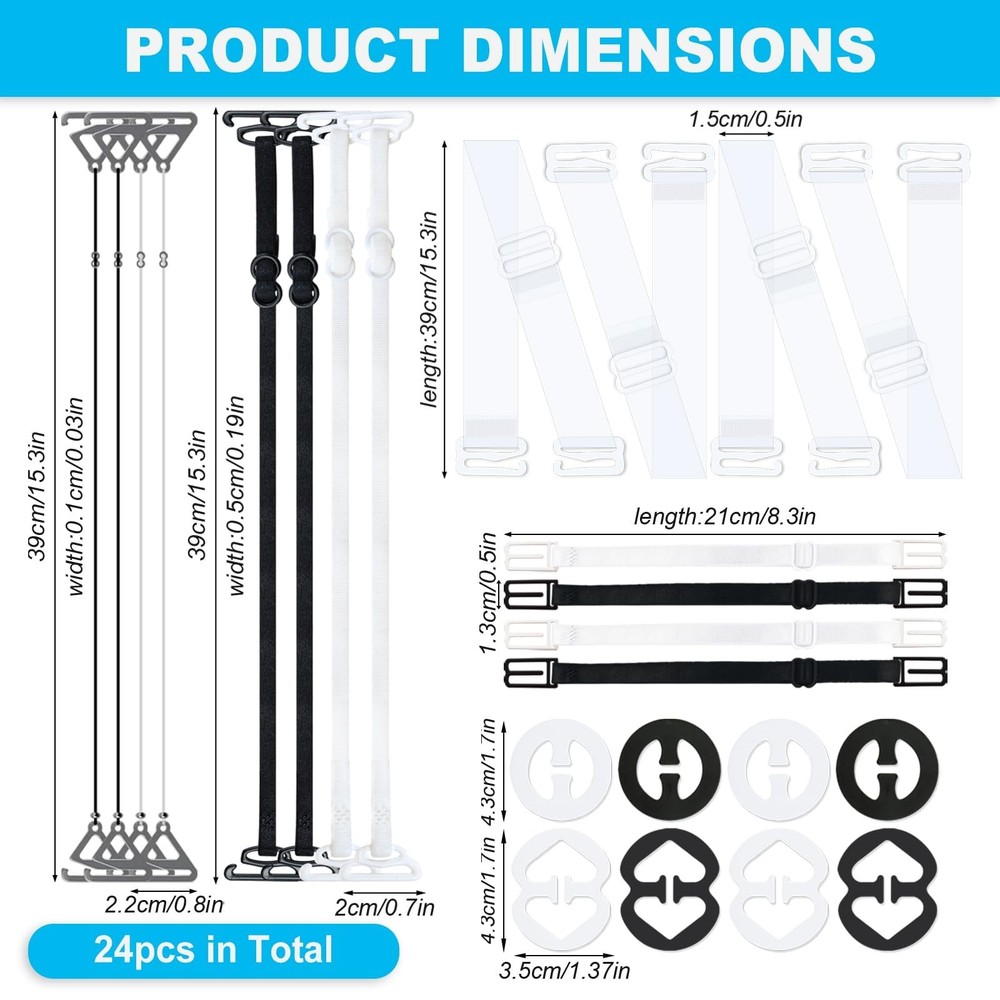 REDANHA 24 Pieces Bra Straps Accessories Multiple sizes, Clear, Black, White
