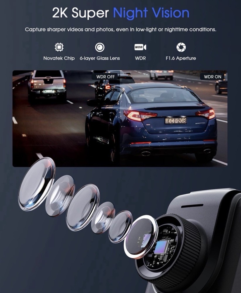 Dash Cam 2K, WiFi Dashcams with APP, External GPS, 1.5'' IPS Screen, Front Dash