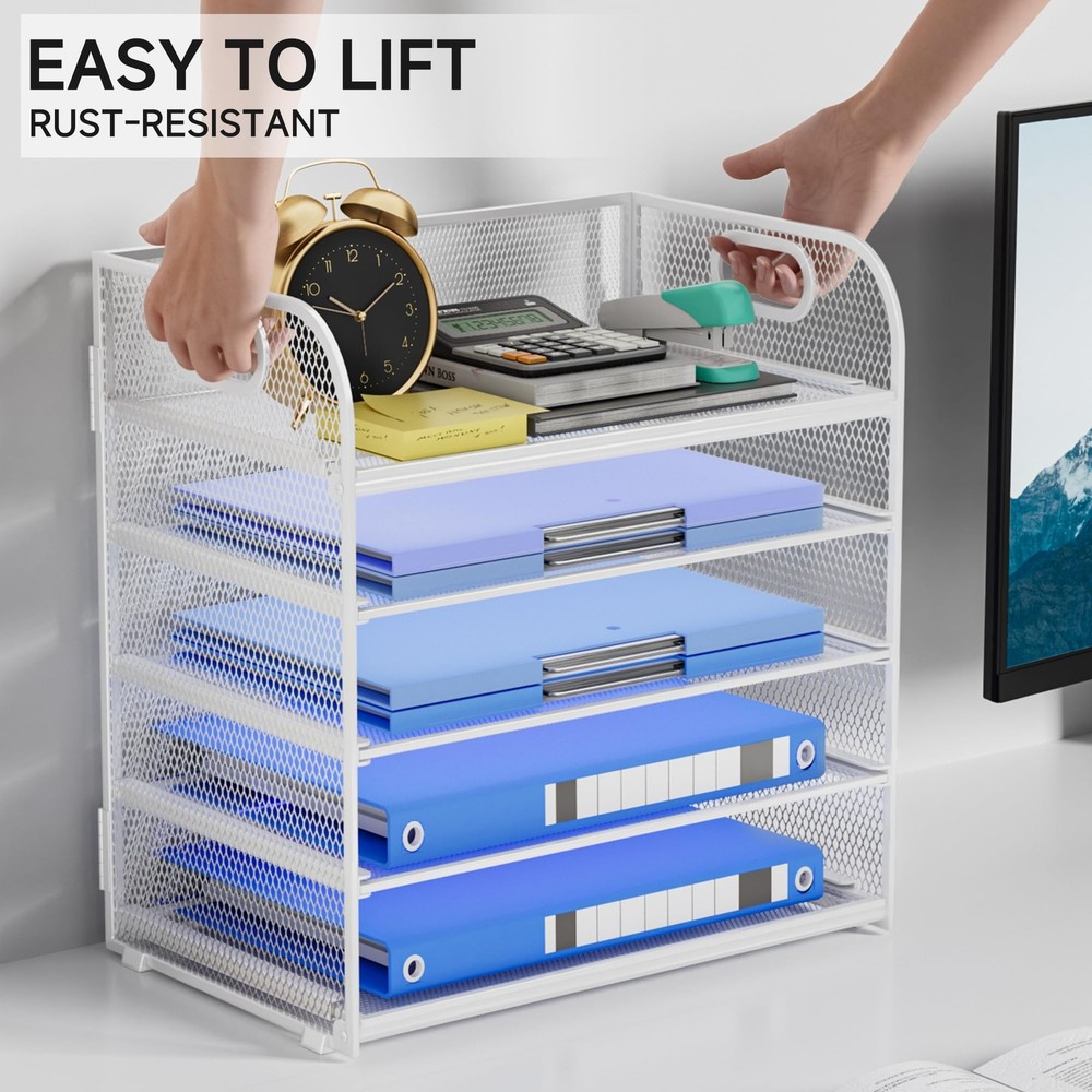 5-Tier Stackable Paper Organizer with Handle, White Metal Mesh Desk Organizer...
