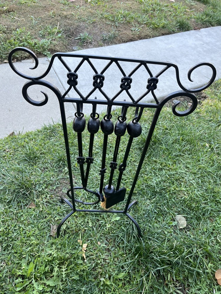 Vintage Wrought Iron 4 Pcs Fireplace Tools With Stand