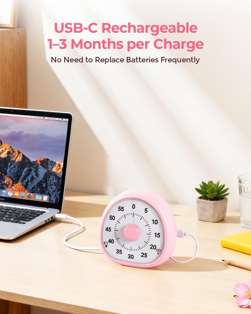Rechargeable Visual Timer 60 Min Kids Desk Countdown Alarm Clock USB Gym Kitchen