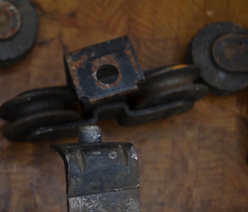 3 Antique McKinney Barn Door Trolley Rollers Double-Wheel Hardware Rusty As-Is