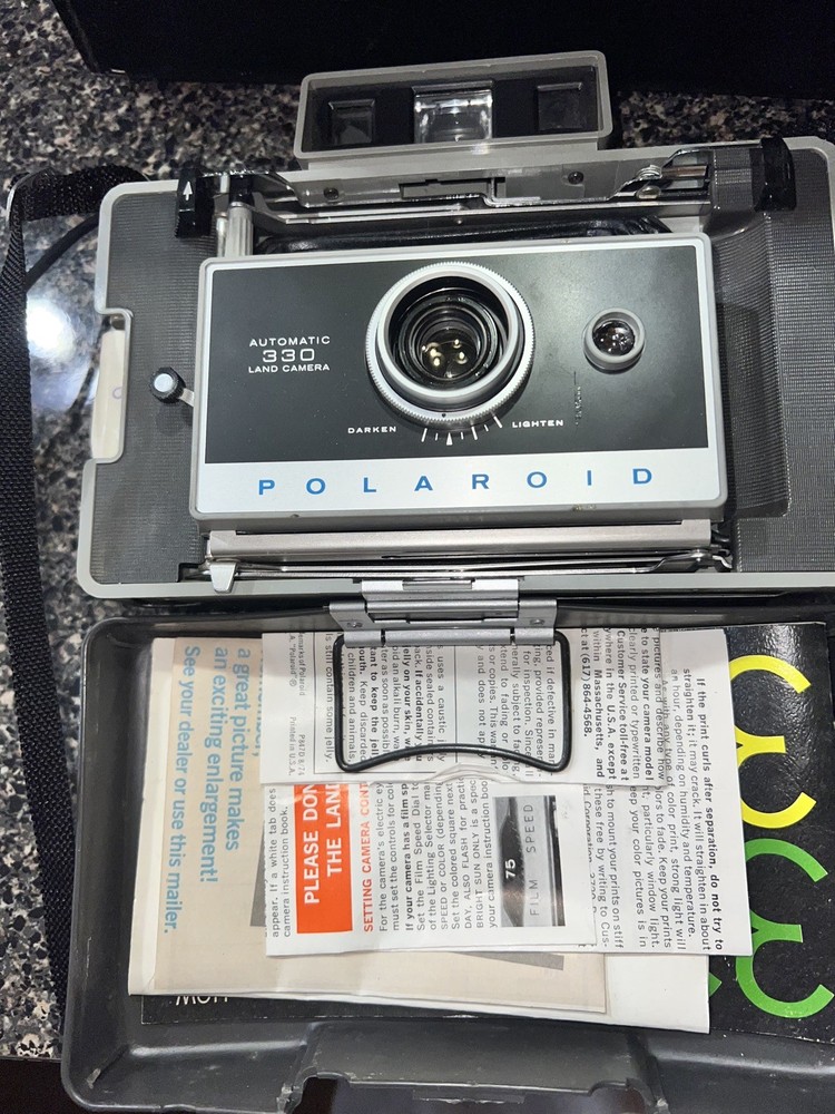 Vintage Polaroid Automatic 330 Land Camera With Case & Manual, Paperwork + Flash