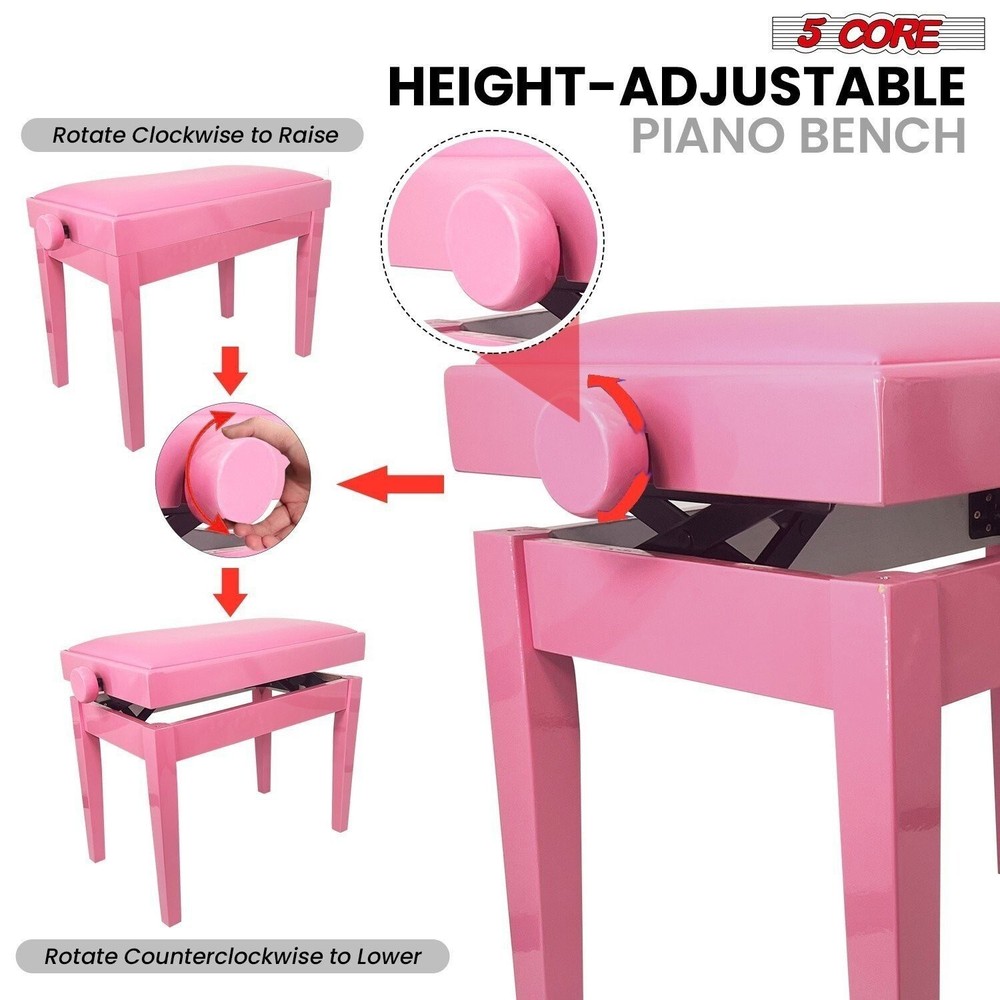 5 Core Piano Bench Height Adjustable Padded Cushion Solid Wood Keyboard Stool
