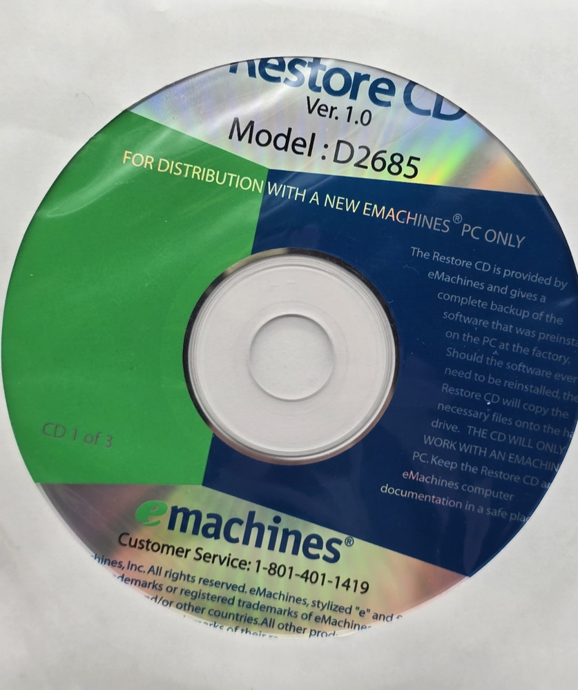 eMachine Model D2685 Restore CD Set Brand New + Various Documentation