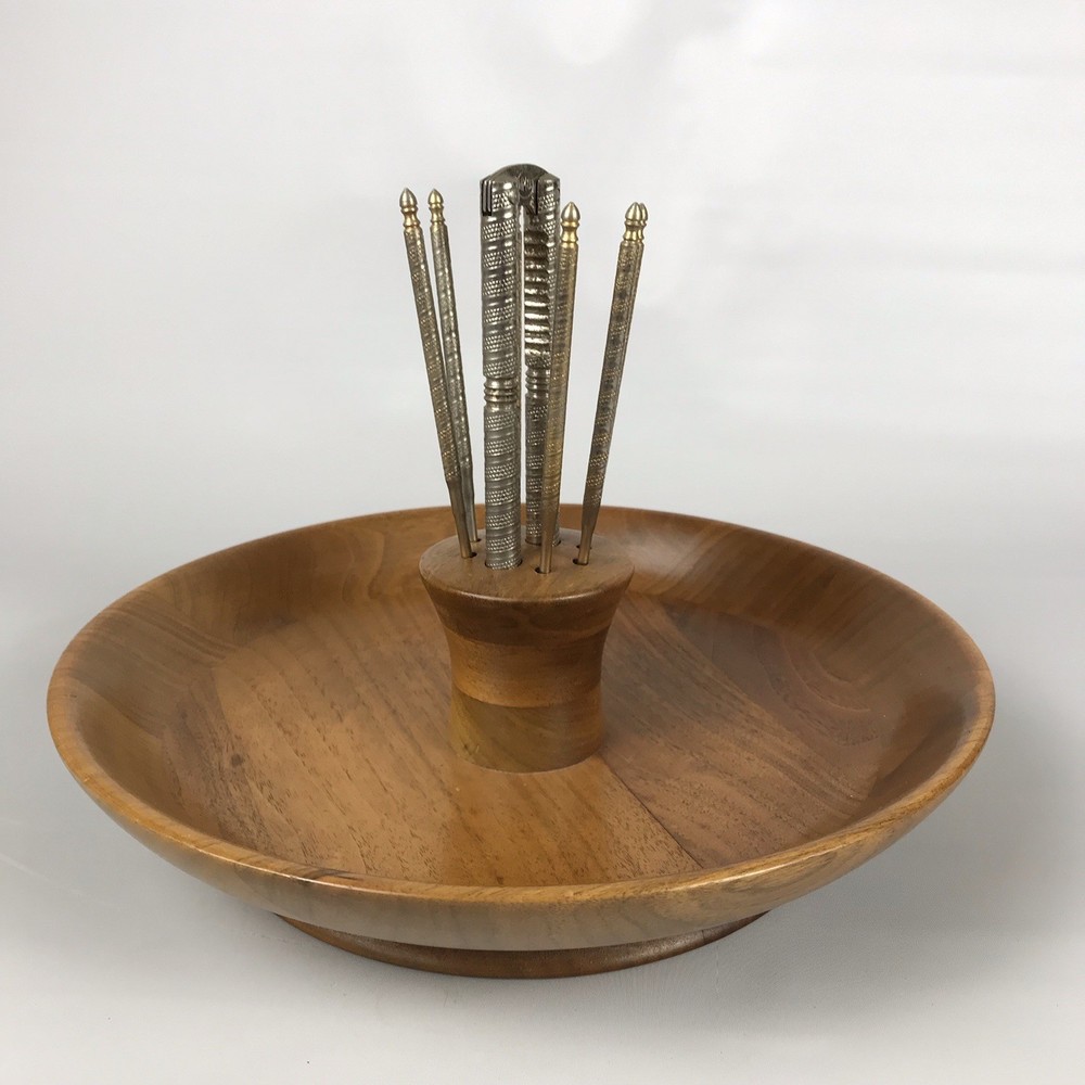 Vintage Solid American Walnut Wood Nut Serving Bowl Dish w/ Tools Cracker Picks
