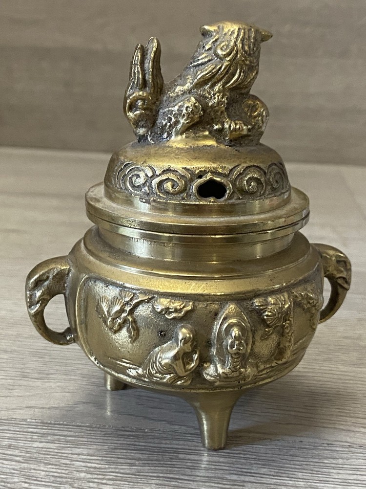 Asian Motif Brass Foo Dog Footed Incense Burner