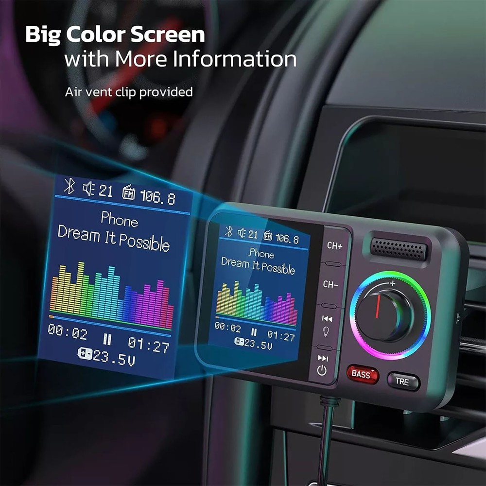Bluetooth 5.0 Car Wireless FM Transmitter Adapter 2USB PD Charger Hands-free