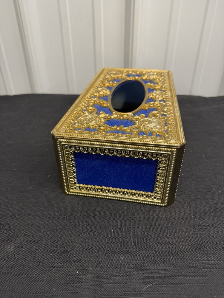 Tissue Box Cover Rectangle Gold Rose Floral Pattern Blue Felt Backing Plastic