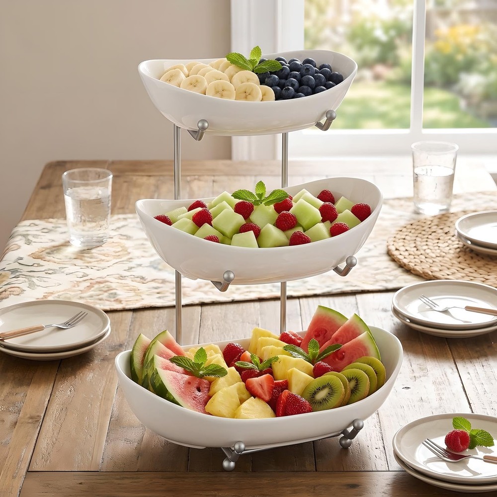 3 Tier Fruit Basket for Kitchen Counter, Silver/White Ceramic Fruit Bowl for ...