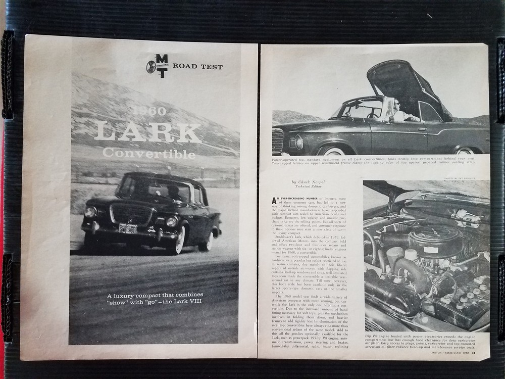 Vintage 1960 Studebaker Lark Convertible - 4 Page Article