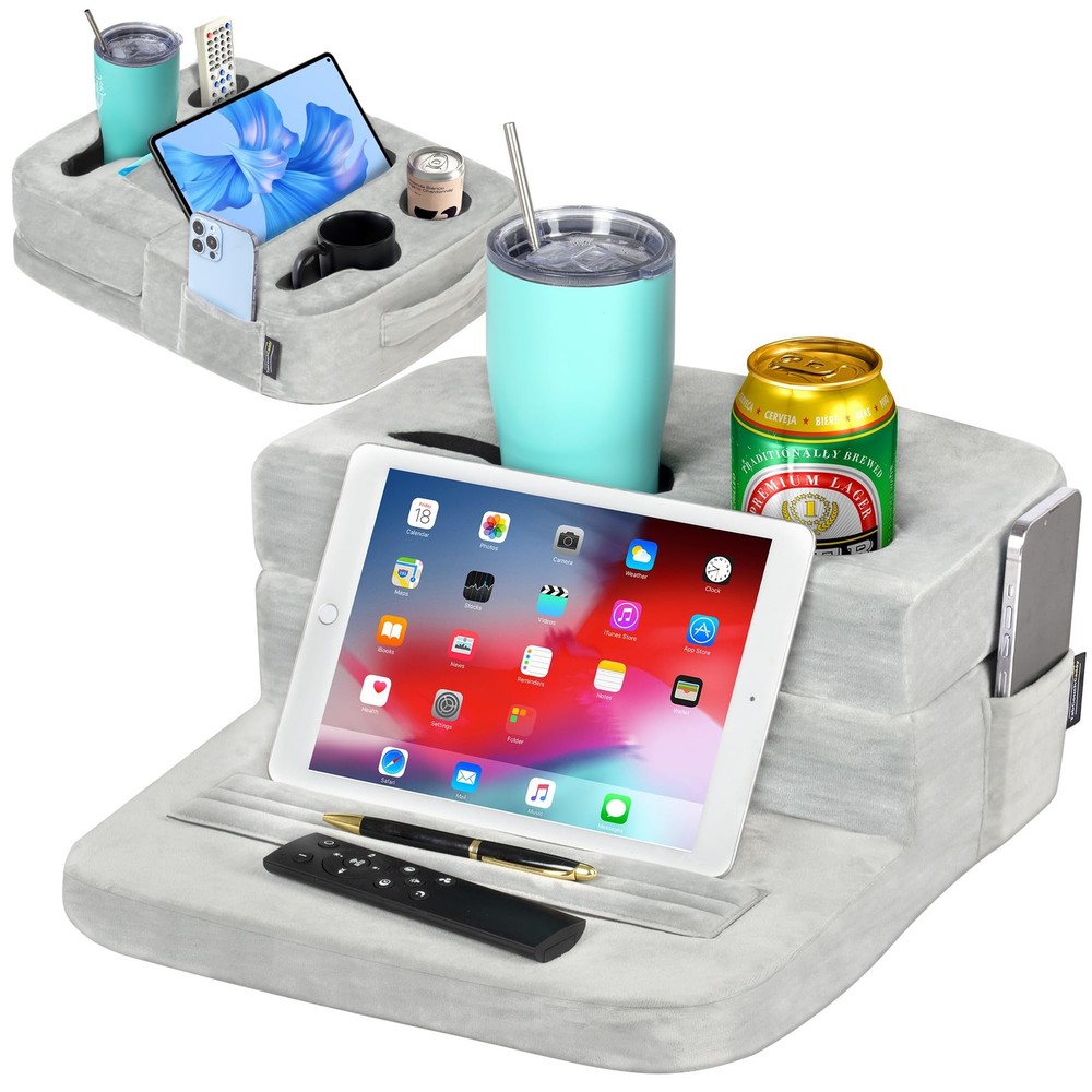 TabCouchCaddy - Couch Cup Holder Tray Pillow - Bed, Caddy, Sofa, Grey