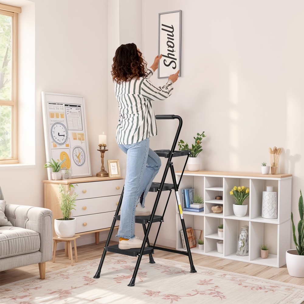 Step Ladder Sturdy 4 Step Ladder with Tool Platform Multipurpose Home Black