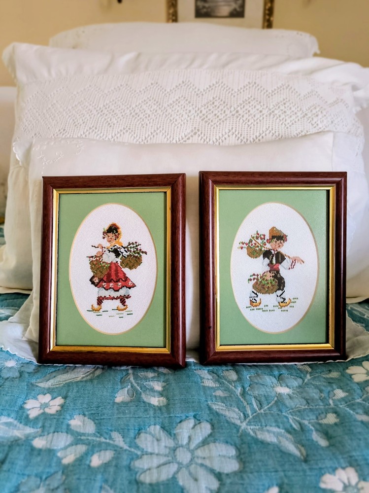 2 SMALL FRAMED Signed NEEDLEPOINT Cross Stitch 8" By 6 1/2"