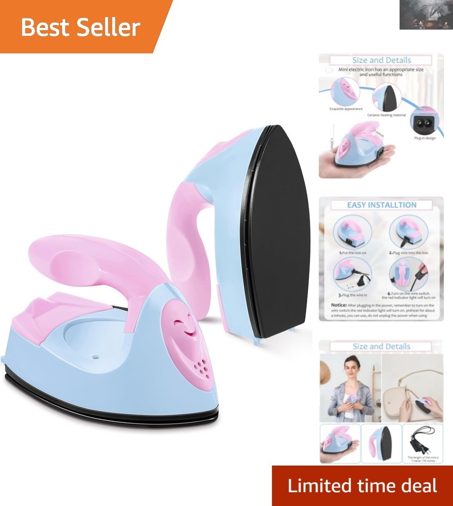 Compact Mini Heat Press Iron - Tiny Flatiron for Craft Projects in Pink/Blue