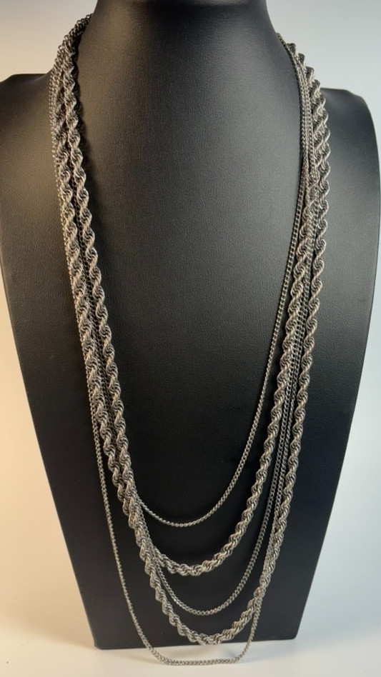 Necklace Multi Strand Silver Tone Long Signed Goldette Interesting Clasp