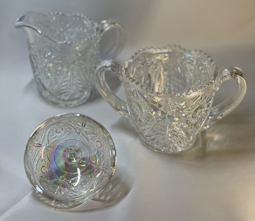 Valtec Pattern Sugar And Creamer Iridescent Clear Glass Lusterware L.E. Smith