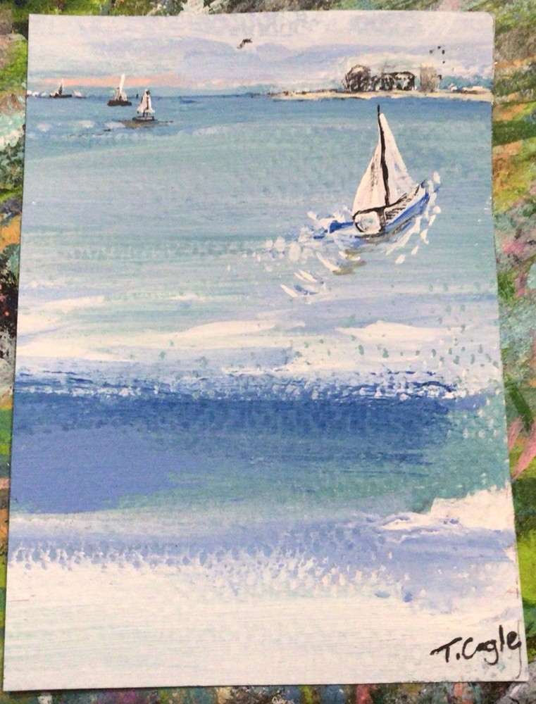 ACEO Original Painting Acrylic Seascape Ocean Boats