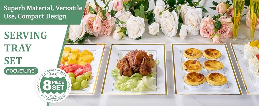 Plastic Serving Trays, White and Gold Rim Plastic Serving