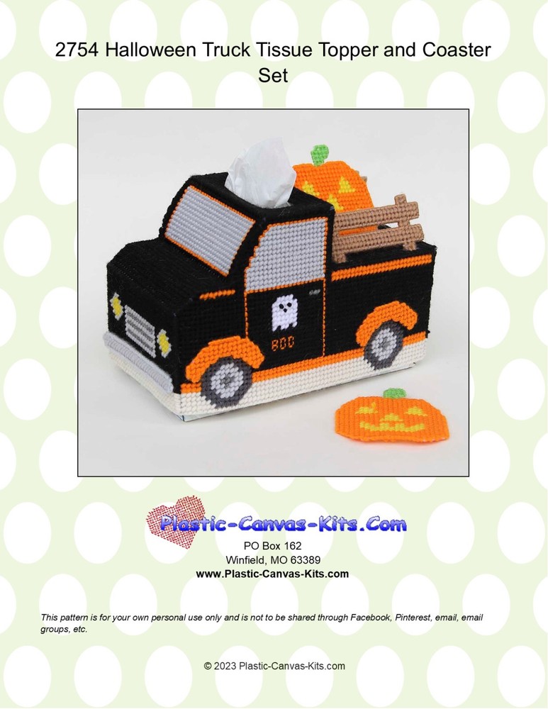 Halloween Truck Tissue Topper and Coaster Set- Plastic Canvas Pattern or Kit