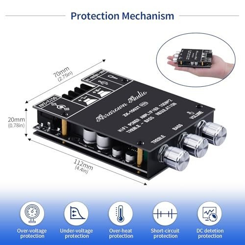 200W Bluetooth 5.0 Amplifier Board, HiFi 2.0 Channel Stereo AMP, USB/AUX Inputs,