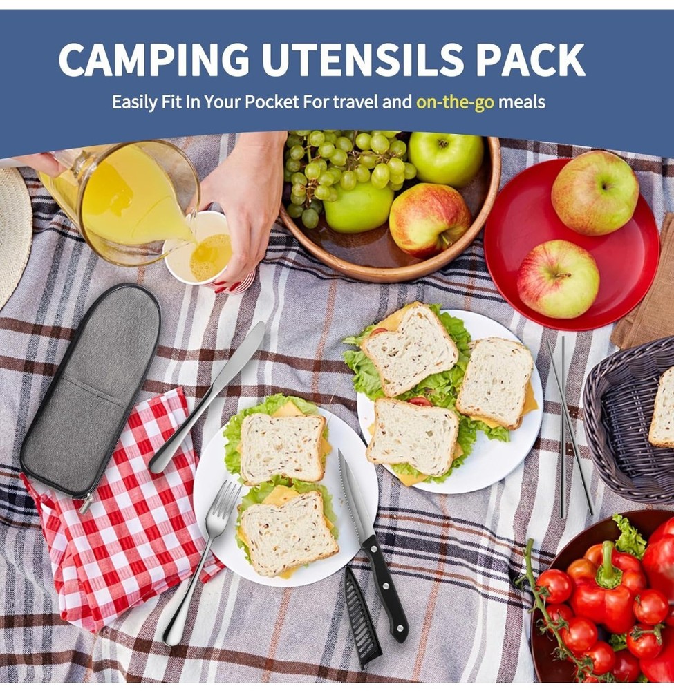 Travel Utensils with Case Reusable Stainless Steel Flatware Set Camping