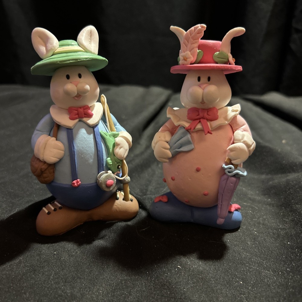 Poly Clay Easter Bunny Figurines 5” Pastel Rabbit Mr. and Mrs. Spring