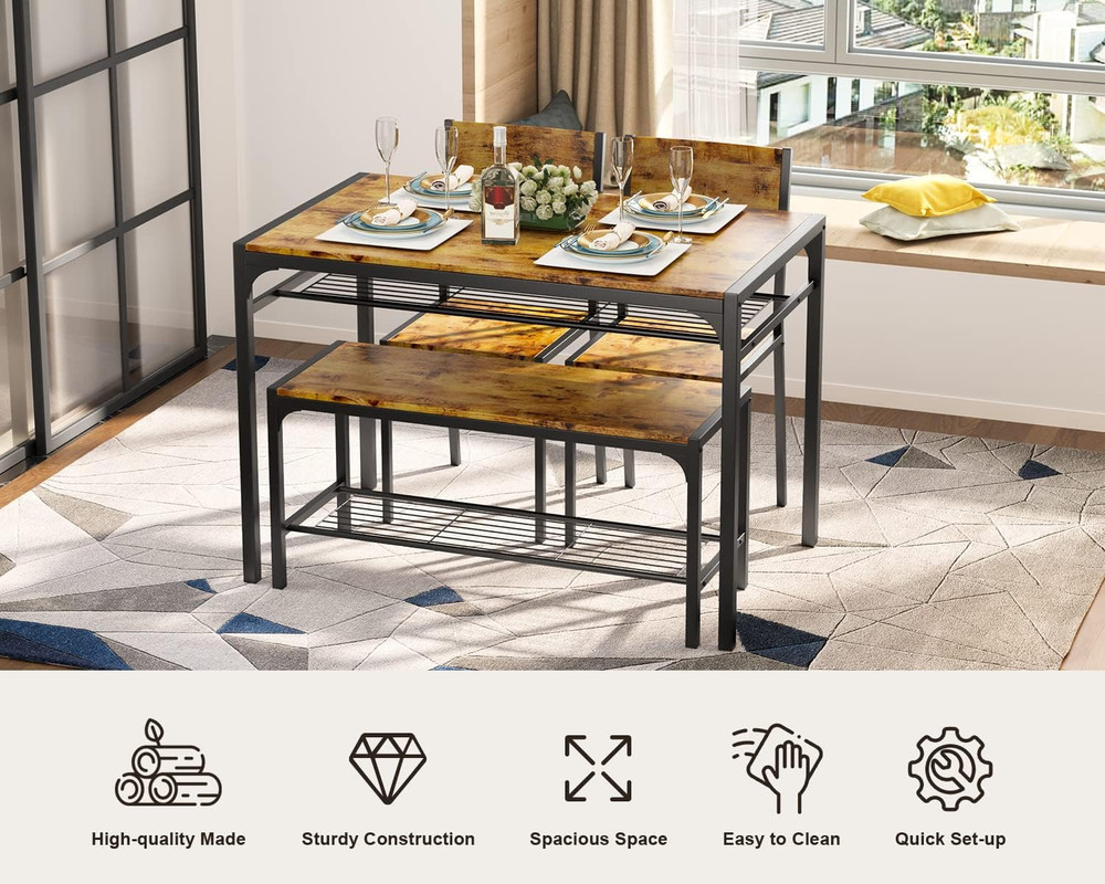 Kitchen Table and 2 Chairs for 4 with Bench, 4 Piece Dining Table Set for Small