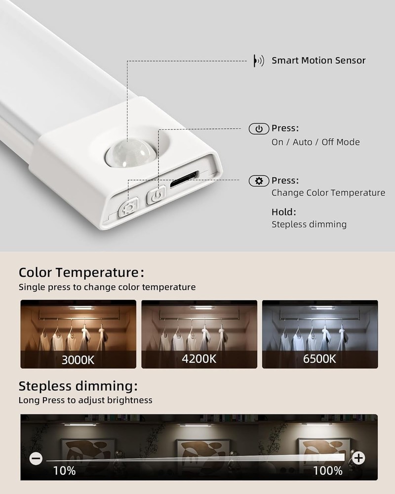 3 Pack 7” Motion Sensor Light Indoor Wireless Under Cabinet Lighting White