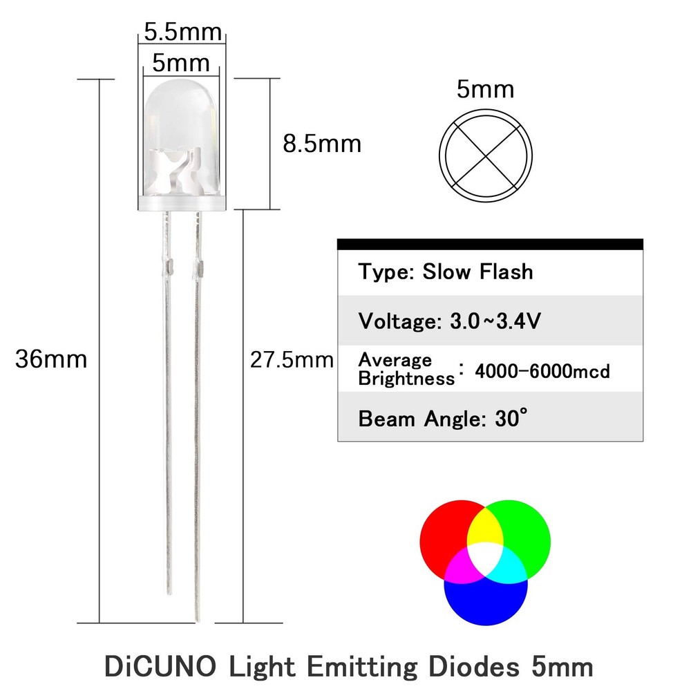 DiCUNO 100pcs 5mm RGB Multicolor Slow Flashing LED Diode, Multi-Color White