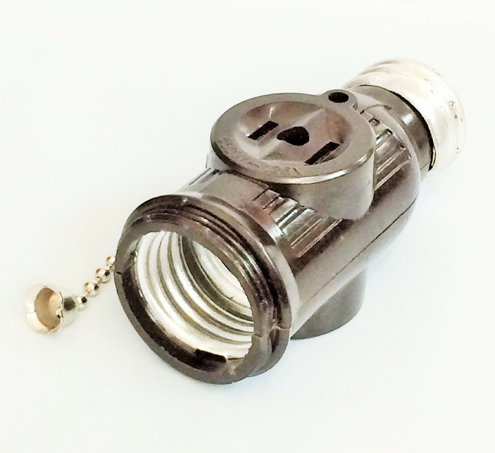 125 Volt, Two Outlet With Pull Chain Socket Adapter, Ivory And Black