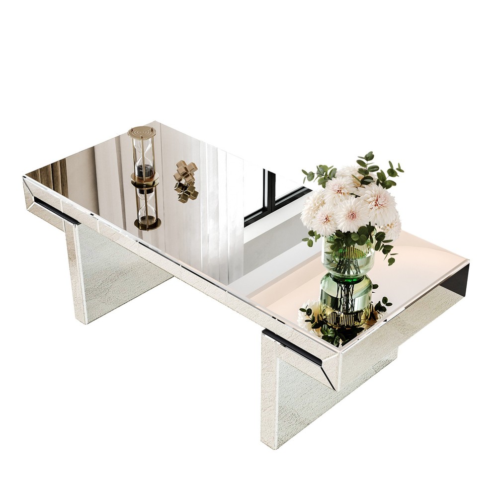 47 Inches Luxury Rectangular Mirror Coffee Table with Fluted Tempered Glass, Mo