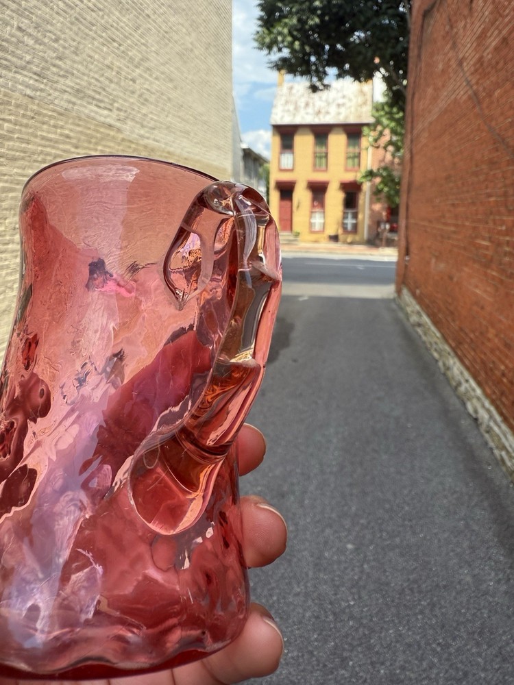 Pitcher Cranberry Glass Twisted Diamond Pattern Clear Handle 3.75" Valentine