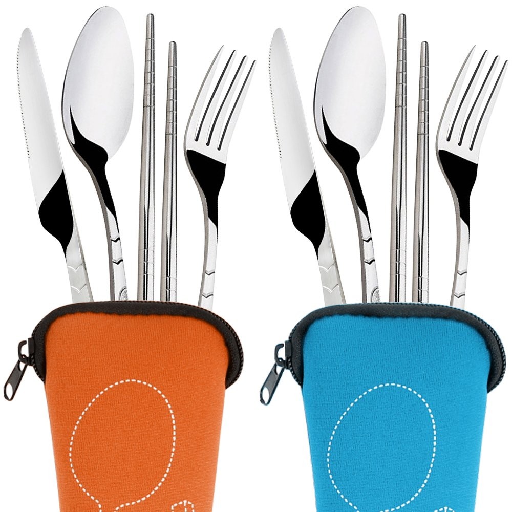 8 Pieces Flatware Sets Knife Fork Spoon Chopsticks 2 Pack Rustproof Stainless...