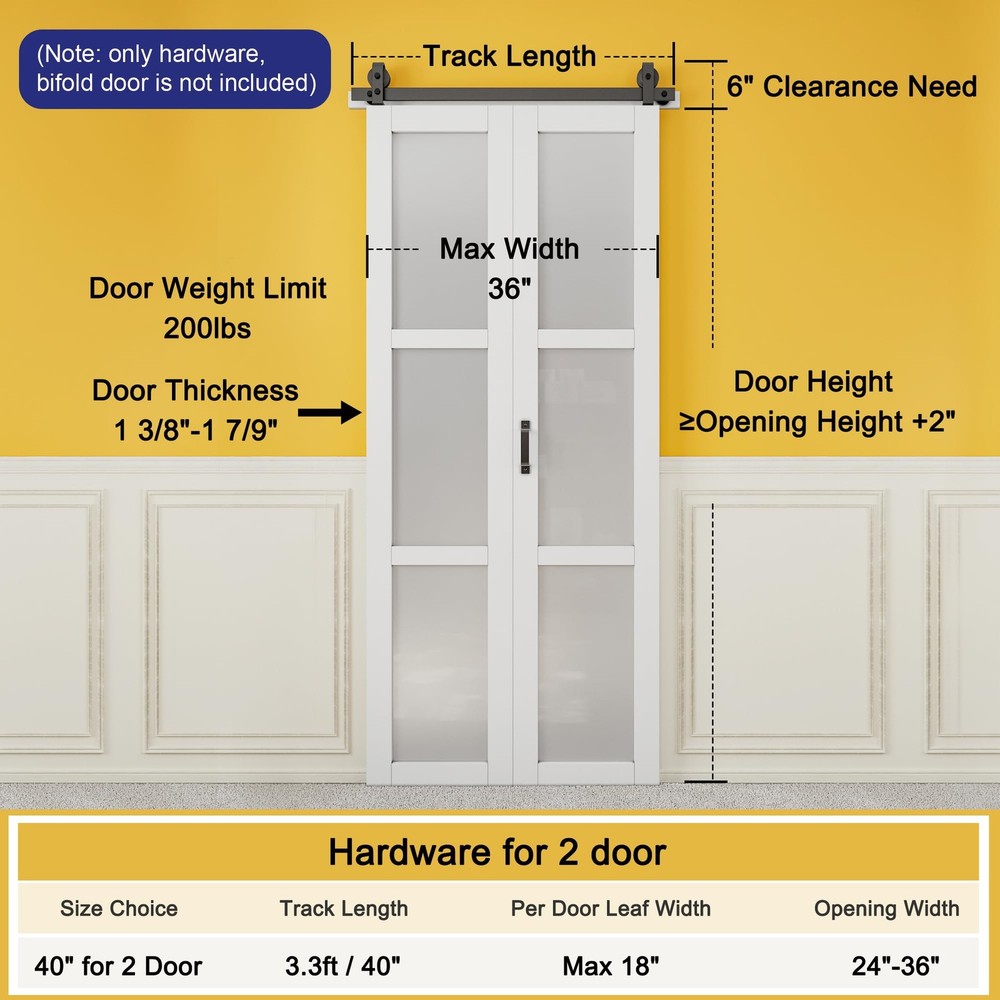 40" Bifold Barn Door Hardware Kit for Double 18" Doors, 3.3FT Bi Folding Barn...