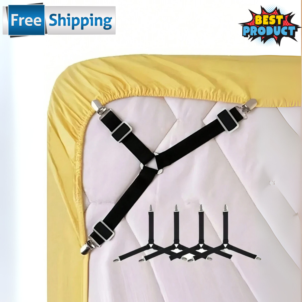 4 Pcs Adjustable Bed Sheet Fasteners Triangle Elastic Metal Strap with Grip Clip