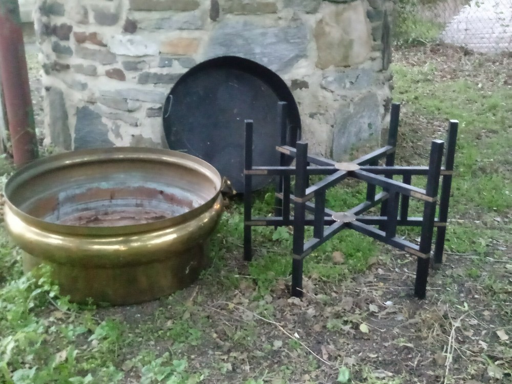 HUGE COPPER BRASS PLANTER POT STAND HANDLES INSERT COFFEE TABLE BASE