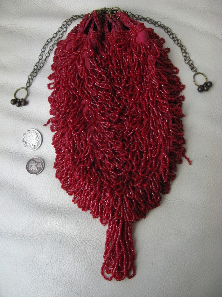 Antique Fringed Candy Apple Red Bead Drawstring Flapper Purse