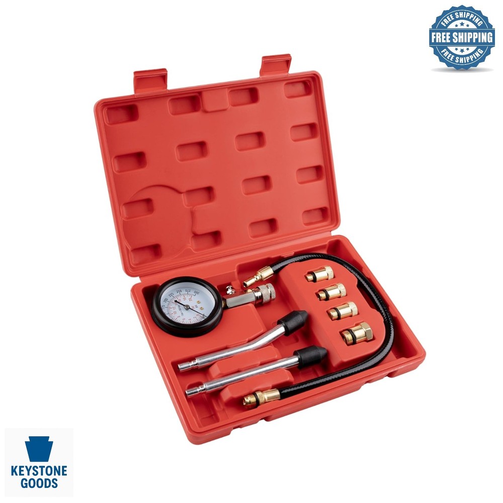 8 pcs Petrol Engine Compression Tester Kit with Dual Scale Gauge & Storage Box